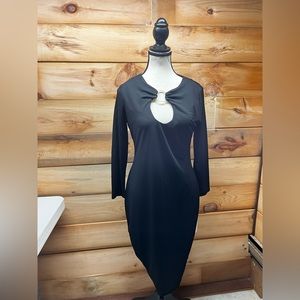 NWT Calvin Klein Long Sleeve Midi Black Dress w/ Gold Ring U-Neck - Size 6